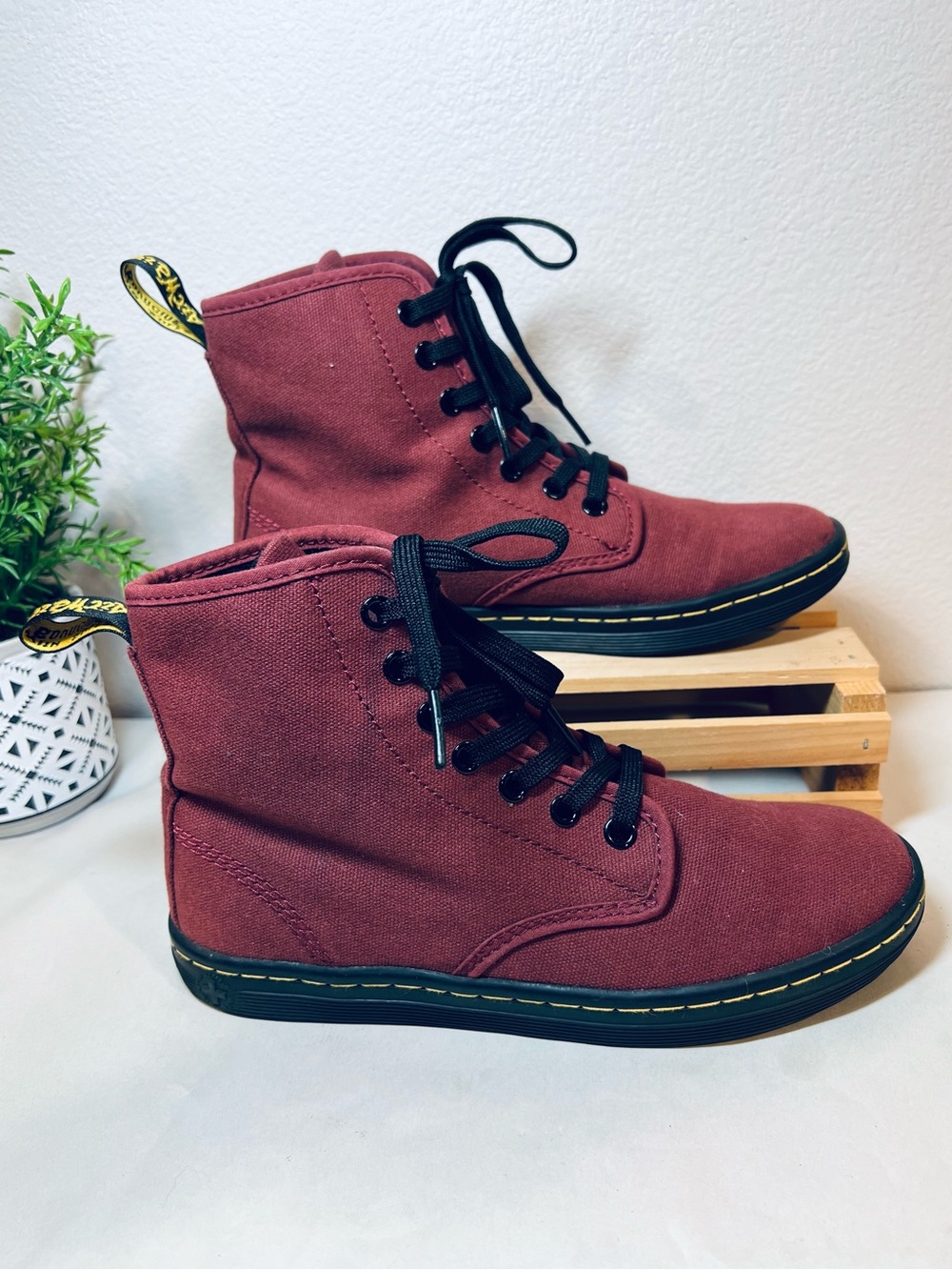 Dr. Martens “Shoreditch” Burgundy w Black High-Top Canvas Moto Boots | Like New